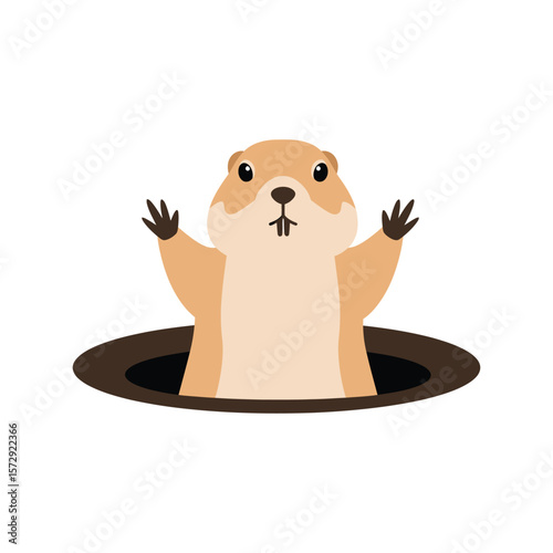 A prairie dog pops its head out of its burrow, its surprised expression and raised paws creating a humorous and endearing scene