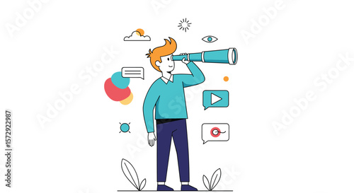 Young man using telescope looking for new opportunities and discovering future possibilities