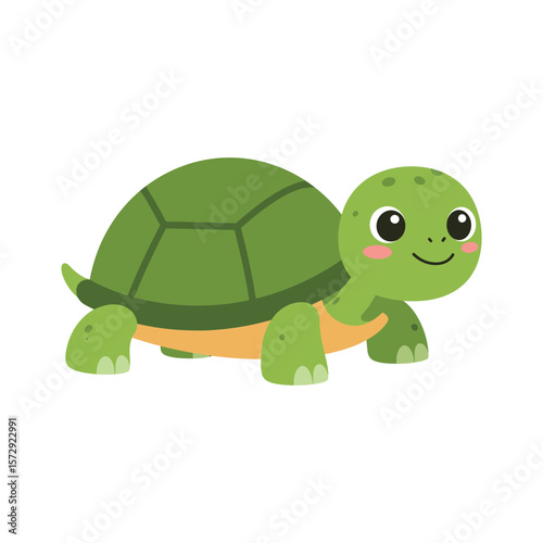 An adorable cartoon turtle with rosy cheeks, ideal for childrens illustrations or educational resources