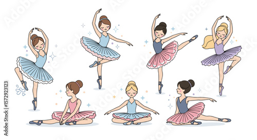 Graceful young ballet dancers posing and performing ballet moves elegantly
