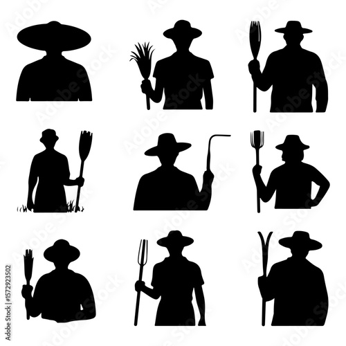 Different poses farmer black silhouette set on isolated with white background