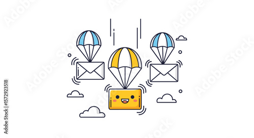 Delivering smiles through sky mail happy parcels descending with colorful parachutes and clouds