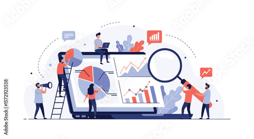 Business analytics strategy development team examining growth charts and financial reports