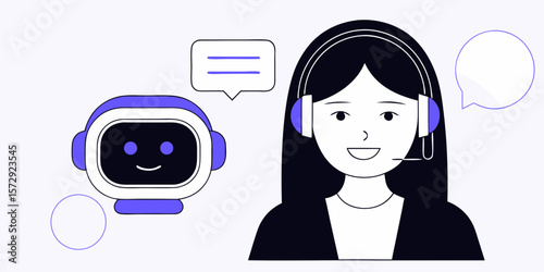 Friendly chatbot and customer support agent providing assistance in a simplified, scalable design ideal for website interfaces.