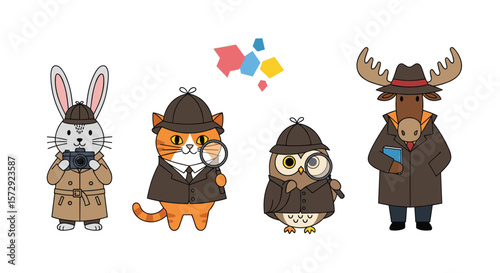 Adorable animal detectives solve mysteries together with magnifying glasses and cameras