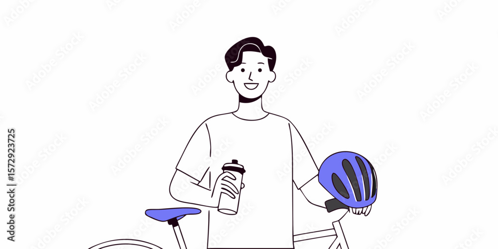 Fototapeta premium A cyclist ready for a ride holds a water bottle and helmet, ideal for sporty themes and fitness promotions focusing on cycling lifestyle.