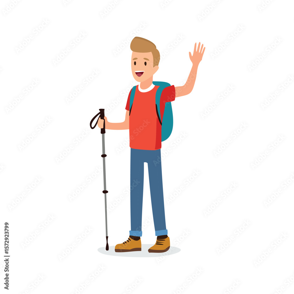 Fototapeta premium Cheerful hiker with backpack and trekking pole waving vector
