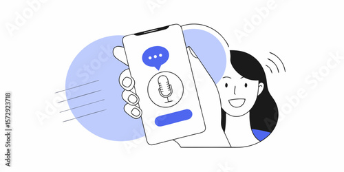 Woman interacts with a mobile voice assistant application, showcasing smart technology, communication, and modern lifestyle design elements for websites or app interfaces.