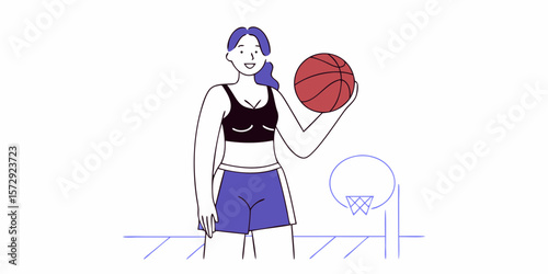 Athletic girl with basketball posing near hoop, perfect graphic for sports branding and active lifestyle designs