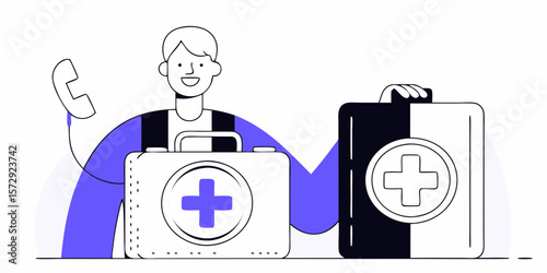 Medical assistance design presenting a caregiver answering the phone call and first aid kit, suitable for healthcare related projects.