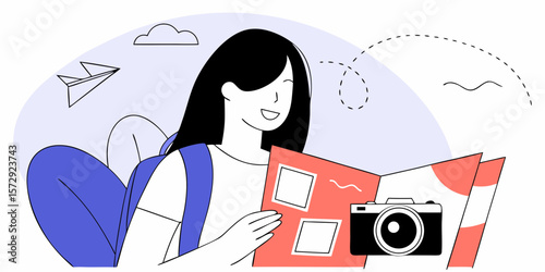 A cheerful tourist is looking at a photo album of her travels, smiling happily with her camera and backpack in this design.
