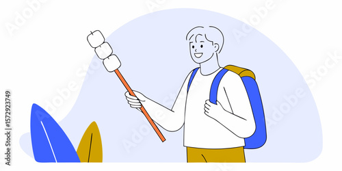 A cheerful backpacker roasts marshmallows around a campfire, perfect for travel blogs, camping ads, or outdoor adventure-themed content.