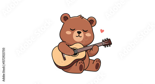 Adorable bear playing guitar music love heart cute cartoon animal art