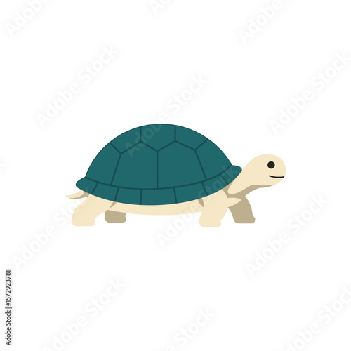 A delightful cartoon turtle, its teal shell gleaming, takes a leisurely stroll across a pristine white background