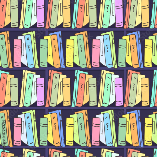 Seamless pattern of a wall-mounted bookcase. Background of bright hand-drawn stacks of books. School library, fairy-tale background for textiles, packaging, stationery, signs, and banners.