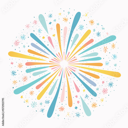 Bursting colorful abstract shapes and stars background blue