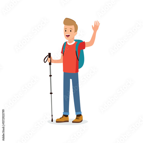 Cheerful hiker with backpack and trekking pole waving vector