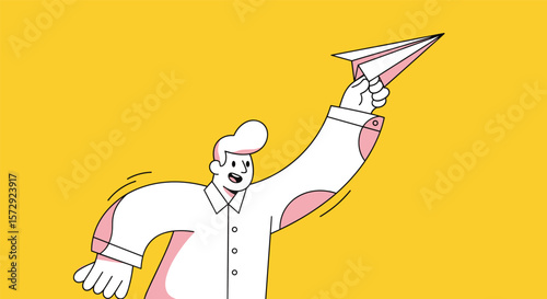 Man successfully launches paper airplane into the air with a bold leap and a smile