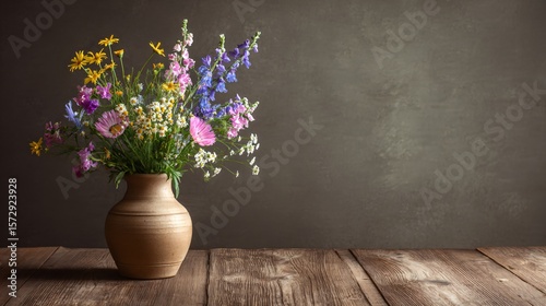 Wallpaper Mural Clay vase with wildflowers on corner of wooden table, copy space beside Torontodigital.ca