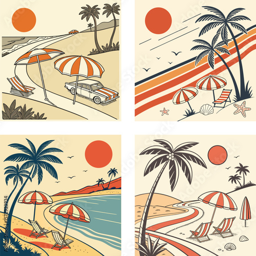 A vintage beach scene with retro stripes and an orange sun. 