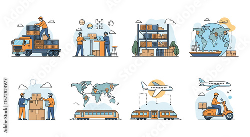 Global logistics network transportation and delivery services explained through icons