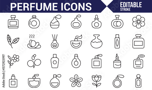 Perfume Bottle, Scent, and Aromatherapy Icons for Beauty, Fashion, and Luxury