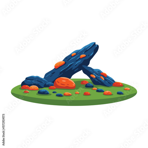 Stylized Rocks and Orange Accents on Green Patch