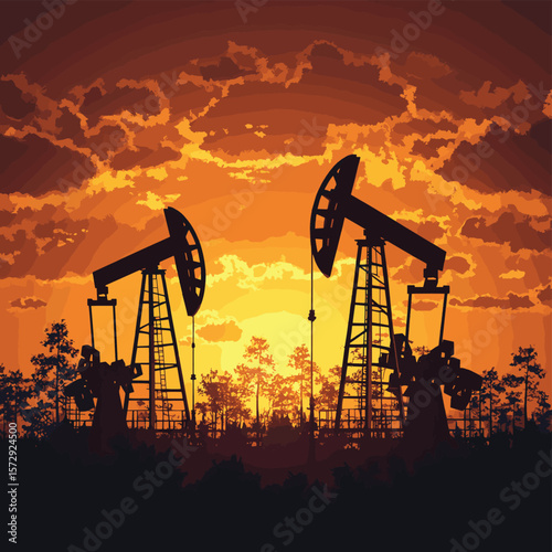 ndustrial oil pump jack silhouettes against a sunset sky, symbolizing energy exploration and fuel production in the petroleum industry, vector style simple color