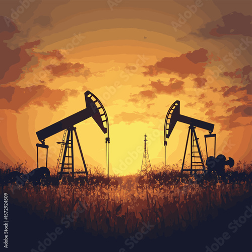 ndustrial oil pump jack silhouettes against a sunset sky, symbolizing energy exploration and fuel production in the petroleum industry, vector style simple color