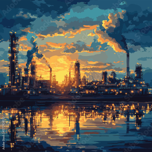 Oil refinery industry under cloudy sky, vector style simple color