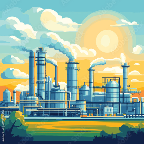 Oil refinery industry under cloudy sky, vector style simple color