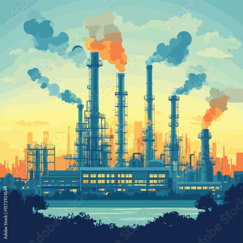 Oil refinery industry under cloudy sky, vector style simple color