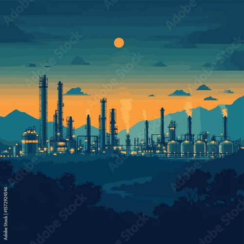 Oil refinery industry under cloudy sky, vector style simple color