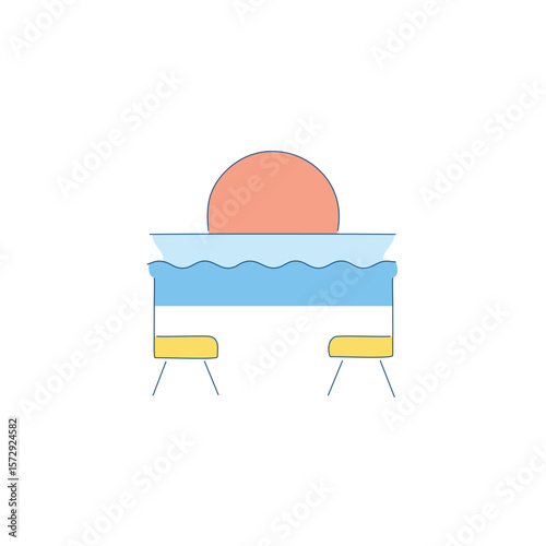 Orange sun setting over blue water with yellow platforms sunset ocean