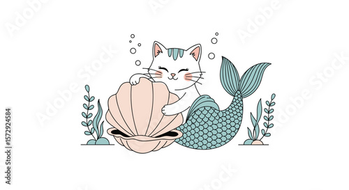 Cute feline mermaid holding a pink seashell underwater amongst seaweed and bubbles