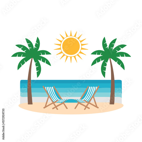 Palm trees ocean sun and beach chairs vector