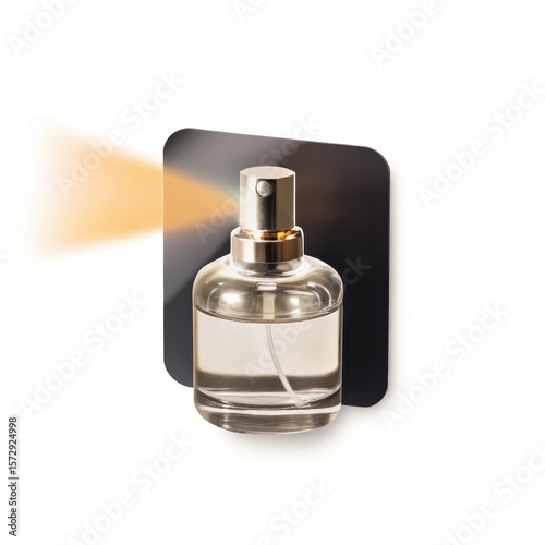 Elegant glass perfume bottle spraying a golden mist against a dark background