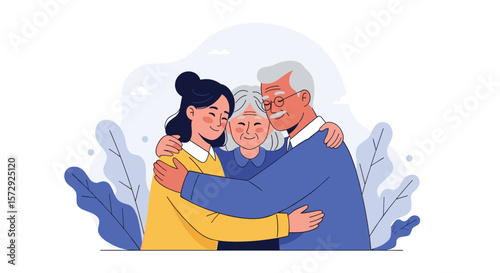 A young woman receives comforting hugs from her elderly grandparents showing warm family connection