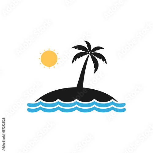 Tropical island palm tree and sun over blue waves ocean water