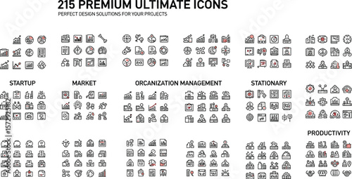 Comprehensive Collection of 215 Premium Business and Marketing Icons: Ultimate Design Solutions for Startup, Market Analysis, Organization Management, Stationary, and Productivity Projects.