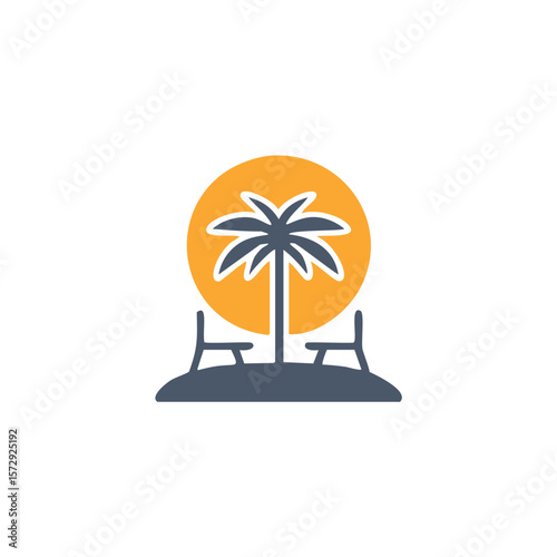Tropical island scene with palm tree and lounge chairs under sun vacation