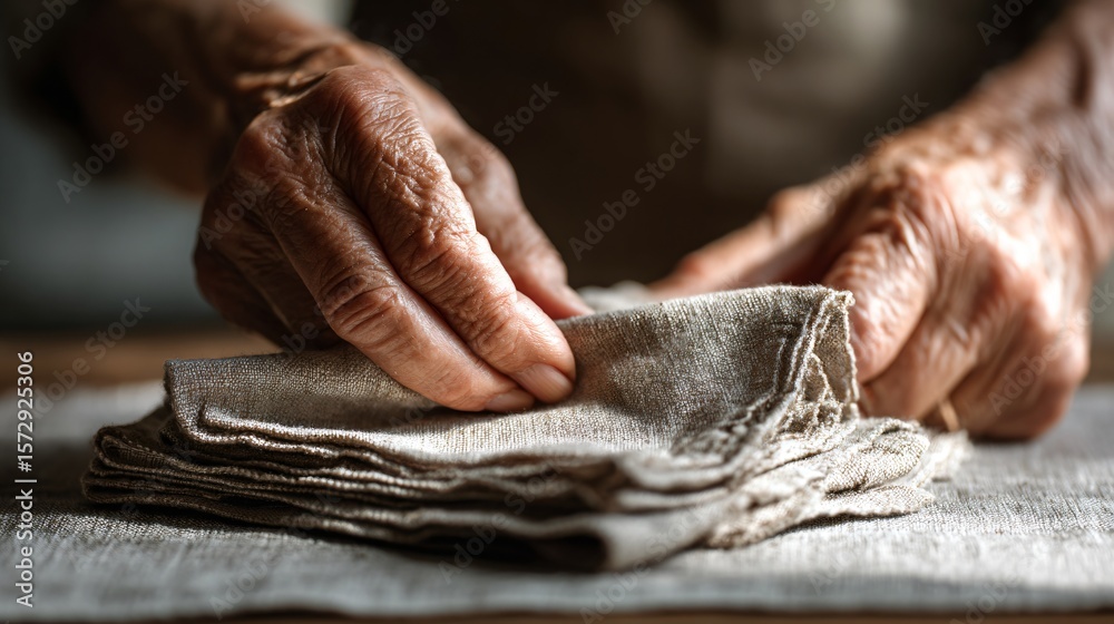 Elderly hands setting linen napkin, soft dappled light and open top Elderly hands setting linen napkin, soft dappled light and open top