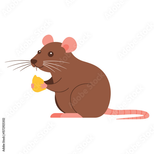 An adorable brown cartoon mouse happily enjoying a piece of cheese, ideal for childrens stories or educational materials