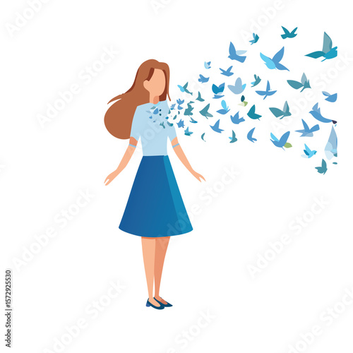 Woman releasing flock of blue birds into the sky flying freedom
