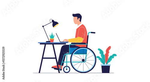 An individual in a wheelchair works on a laptop at a desk with a lamp and plants