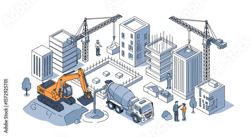 Industrial construction site with heavy machinery cranes and buildings under development