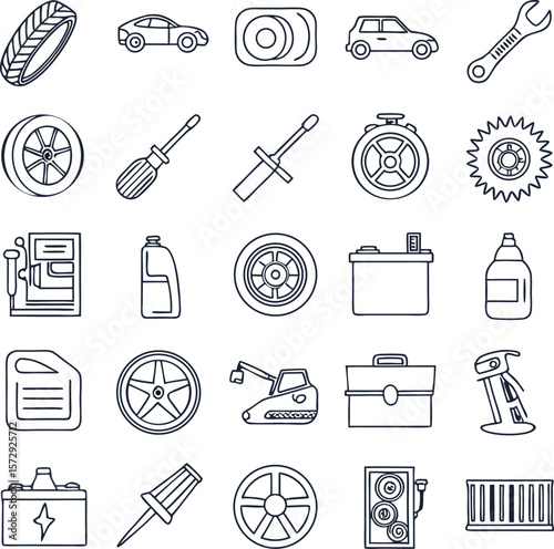 Car service icons are presented in a detailed, scalable, automotive themed graphic design for maintenance.