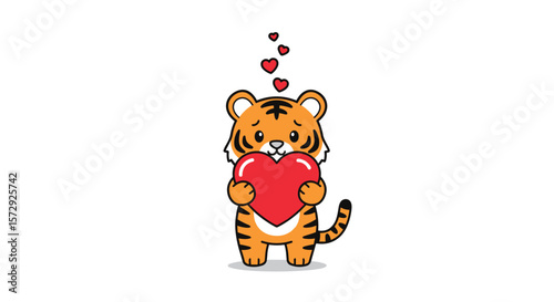 Adorable tiger cub holding a giant red heart expressing affection and love