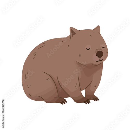 A relaxed cartoon wombat sits peacefully, its brown fur and adorable features highlighted against a simple white backdrop