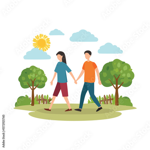 Couple walking hand in hand in a park under the sun holding hands trees